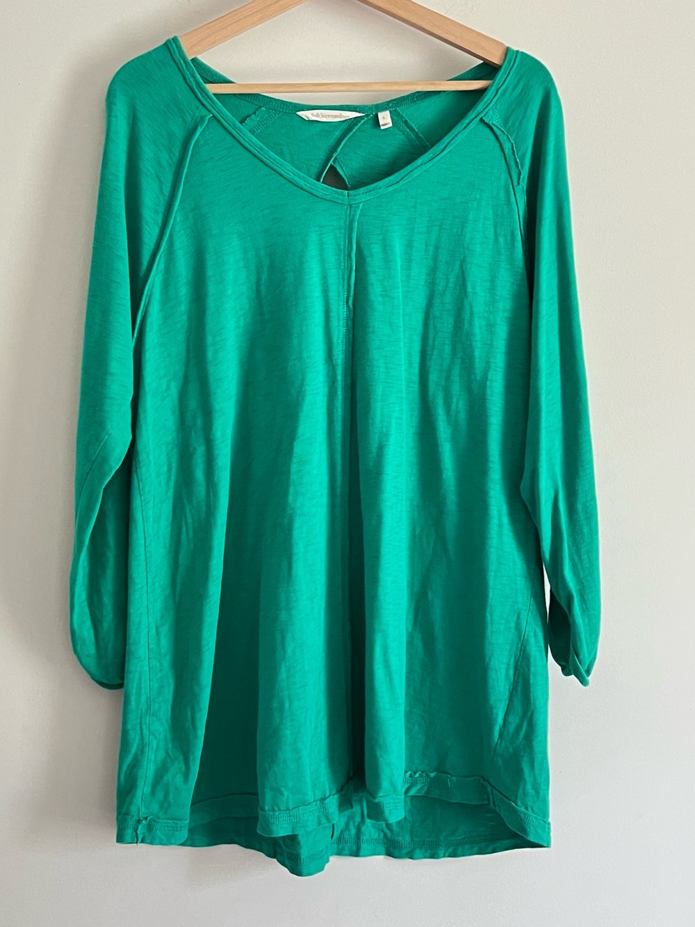Soft surroundings Green Open back Boho exposed seams Tunic Top Size Large
